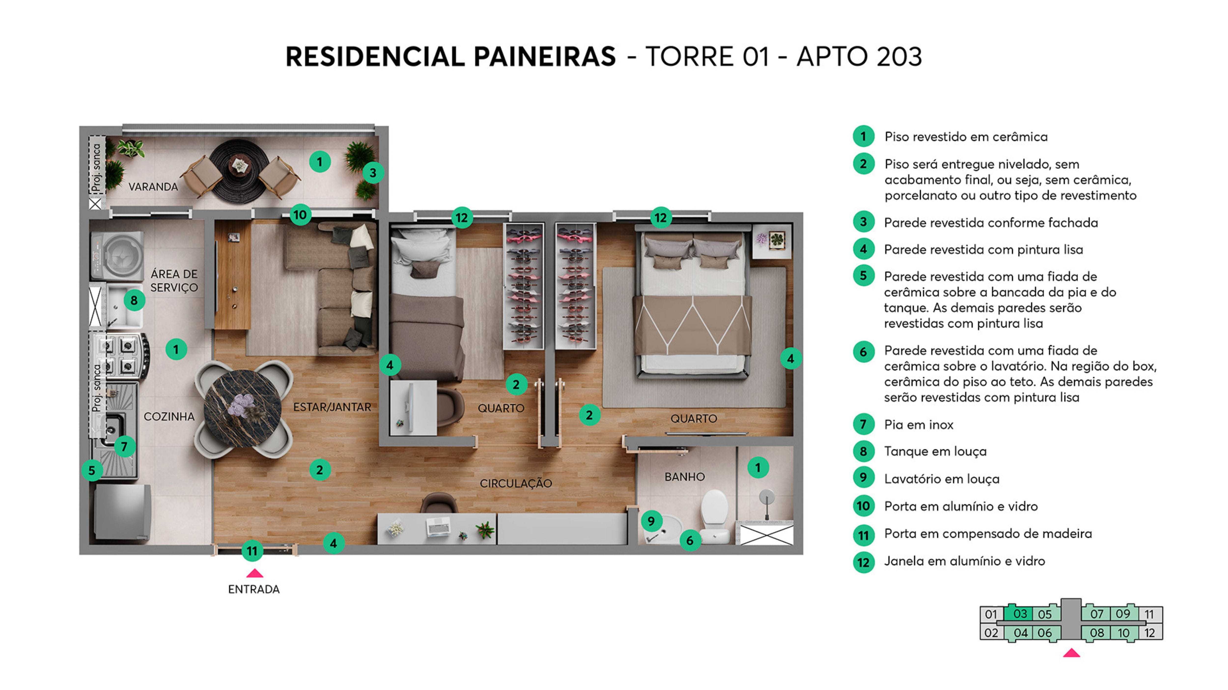 Planta - Residencial Paineiras Nova Iguaçu | Apartamento 2 Quartos com Varanda, Lazer Completo e Minha Casa Minha Vida - isaacmimoveis.com.br