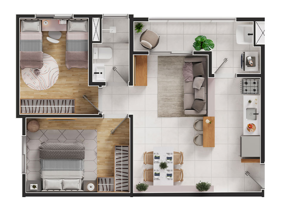Planta - Apartamento à venda, 2 quartos em Nova Iguaçu com lazer de clube e varanda! Use FGTS + Minha Casa Minha Vida e more no que é seu! - isaacmimoveis.com.br